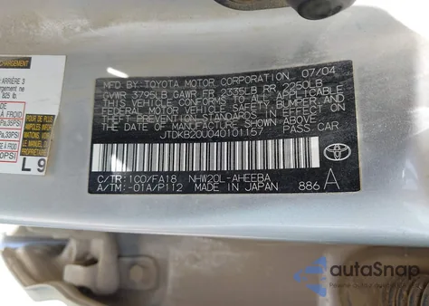 2004 Toyota Prius from USA, damaged, VIN JTDKB20U040101157